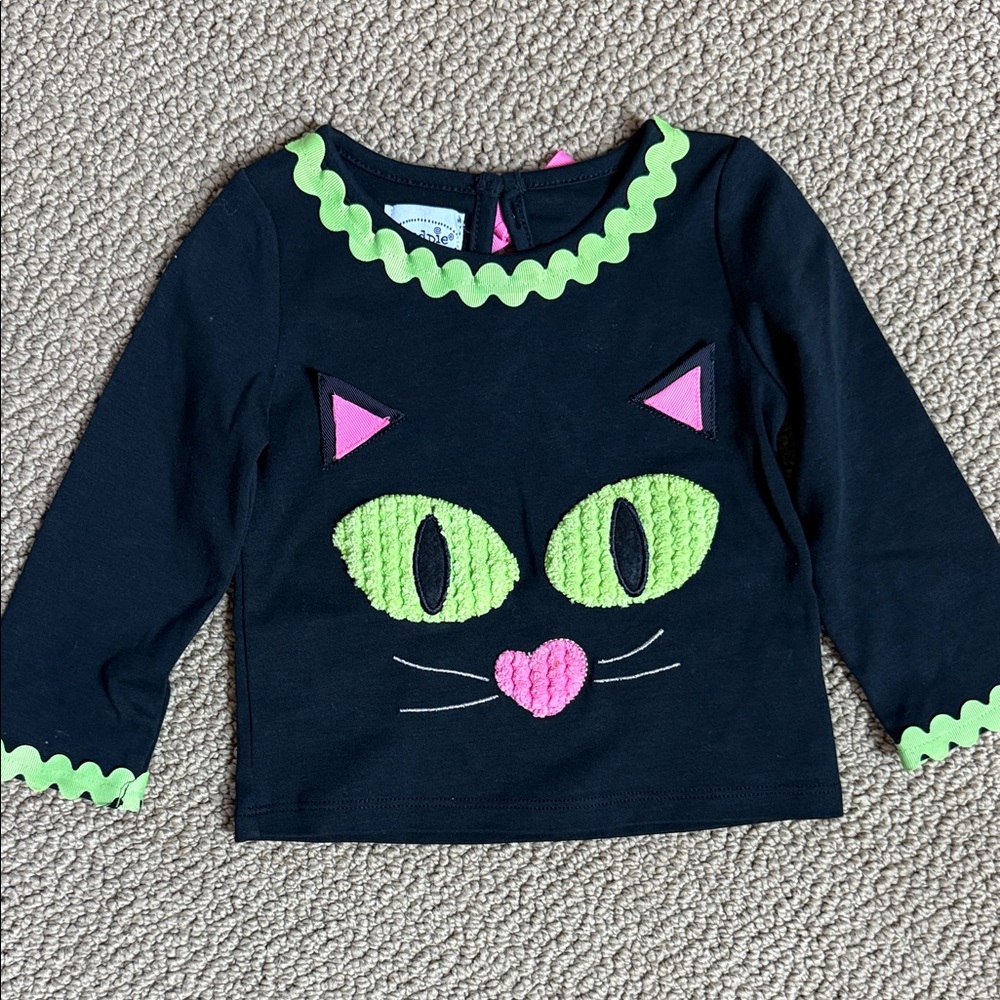 Mud Pie Black Long Sleeve Shirt with Green and Pink Cat Design